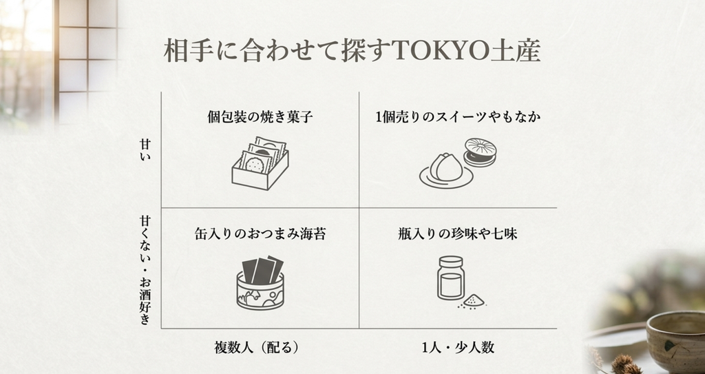 東京土産を甘いか甘くないか、複数人か少人数かで分けて相手に合わせて選ぶ