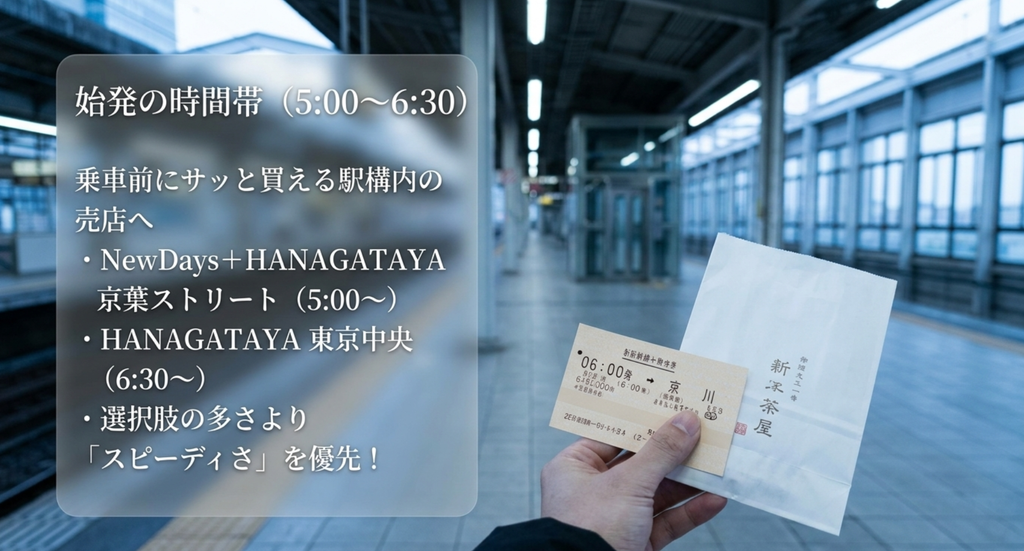 東京駅の始発時間帯5時から6時30分は京葉ストリートやHANAGATAYAで素早くお土産を買う