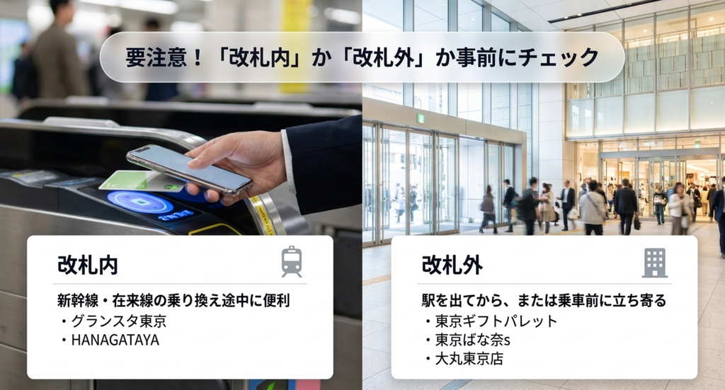 東京駅のお土産売り場は改札内にグランスタ東京とHANAGATAYA、改札外に東京ギフトパレットや東京ばな奈s、大丸東京がある