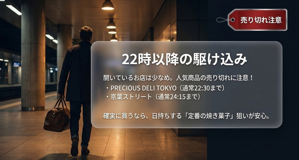 東京駅で22時以降にお土産を買うなら22時30分までのPRECIOUS DELI TOKYOや24時15分までの京葉ストリートを確認