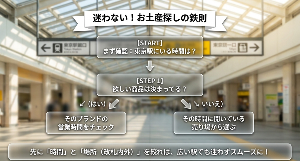 東京駅のお土産探しは駅にいる時間を確認し欲しい商品が決まっていればブランドの営業時間、決まっていなければ開いている売り場から選ぶ