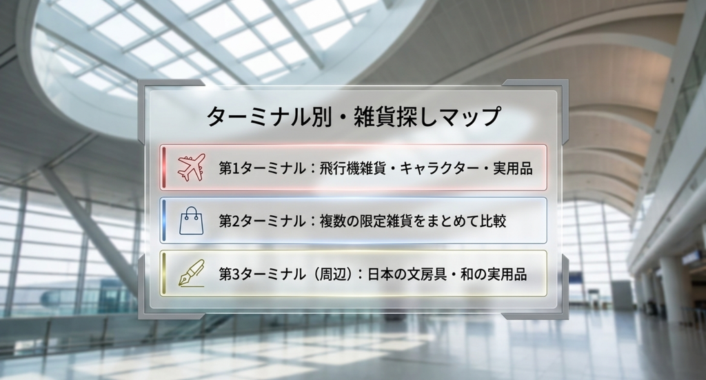 第1ターミナルは飛行機雑貨、第2ターミナルは限定雑貨、第3ターミナル周辺は日本の文房具や和の実用品を探しやすい羽田空港の雑貨マップ