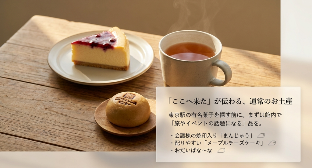 東京ビッグサイト館内で選べるまんじゅうやメープルチーズケーキなど通常のお土産