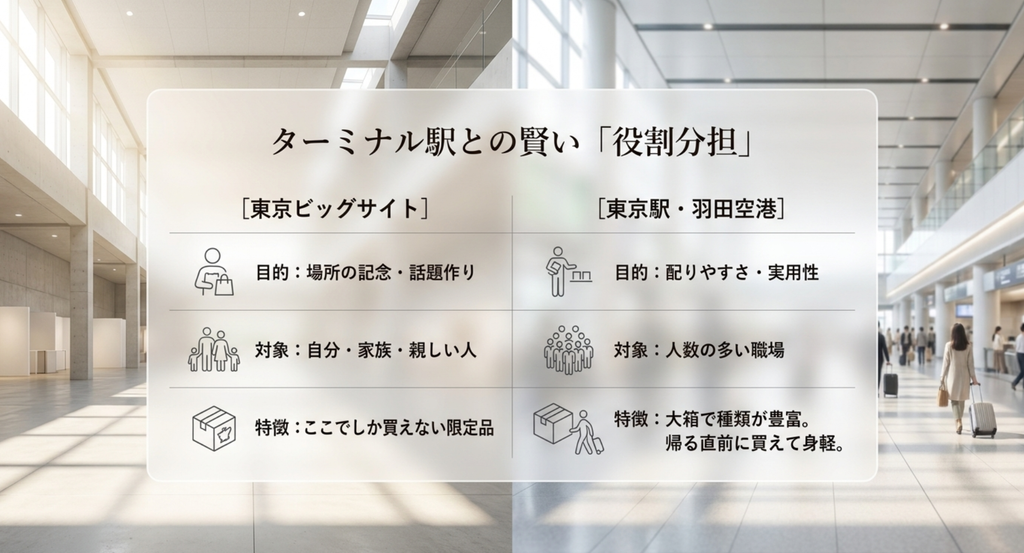 東京ビッグサイトでは限定品を選び東京駅や羽田空港では職場向けの配りやすいお土産を選ぶ使い分け
