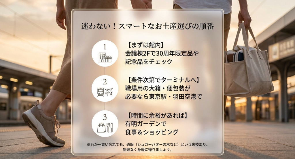 東京ビッグサイト館内・東京駅や羽田空港・有明ガーデンの順に目的に合わせてお土産を選ぶ流れ