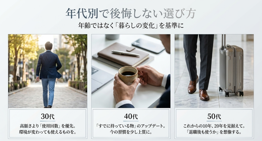 30代は使用回数、40代は今ある物のアップデート、50代は今後10年20年の暮らしを基準に男性の自分へのご褒美を選ぶ方法