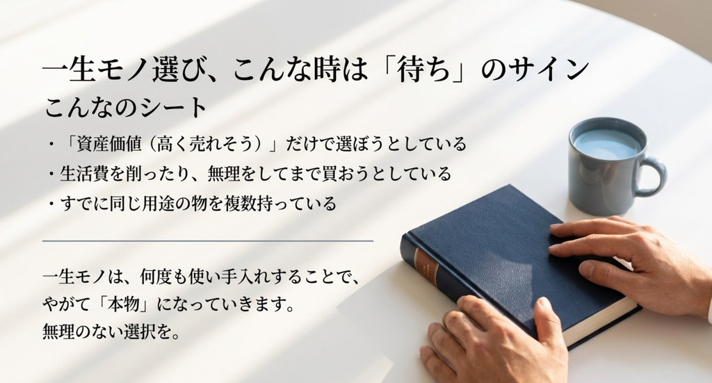 資産価値だけで選ぶ、生活費を削って買う、同じ用途の物を複数持っている場合は一生モノの購入を待つという判断基準