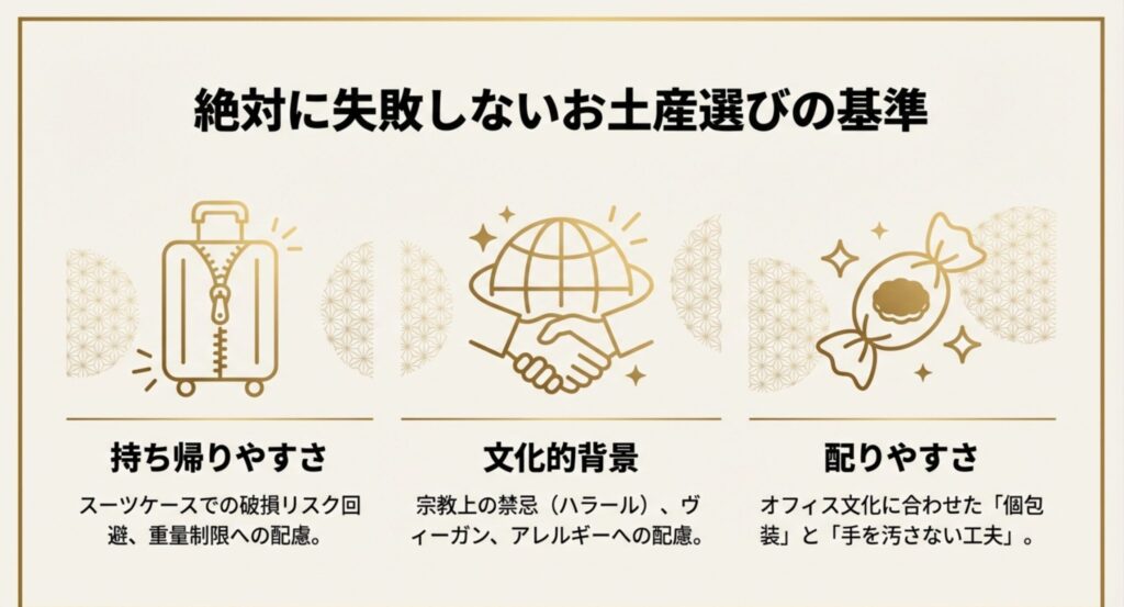 絶対に失敗しないお土産選びの基準(持ち帰りやすさ、文化的背景、配りやすさ)