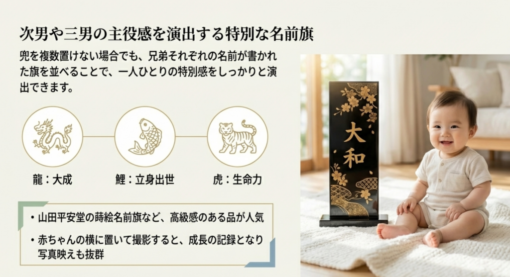 次男や三男の主役感を演出する特別な名前旗