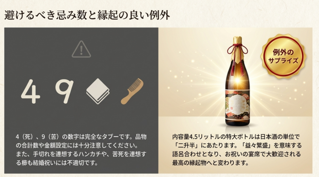 避けるべき忌み数4と9、および縁起の良い例外（益々繁盛）