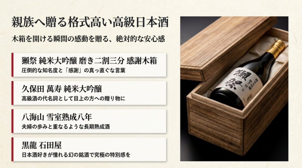 高級感のある木箱に入った獺祭（だっさい）など親族向け日本酒