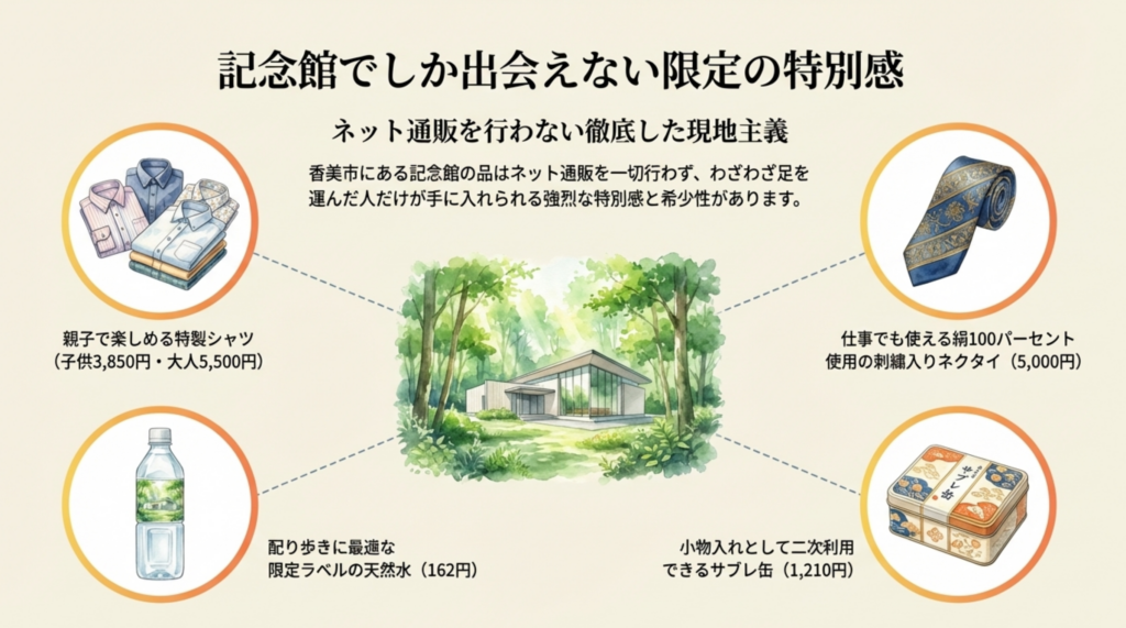 記念館でしか出会えない限定の特別感（サブレ缶や特製シャツ、ネクタイ）