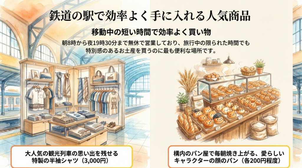 鉄道の駅で効率よく手に入れる人気商品（アンパンマン列車Tシャツやぼうしパン）