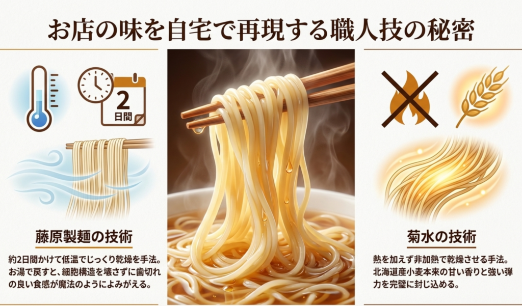 藤原製麺の二夜干しと菊水の寒干しが誇る麺の乾燥技術