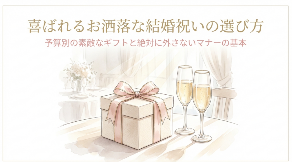 結婚祝いのプレゼントボックスとシャンパングラスのイラスト