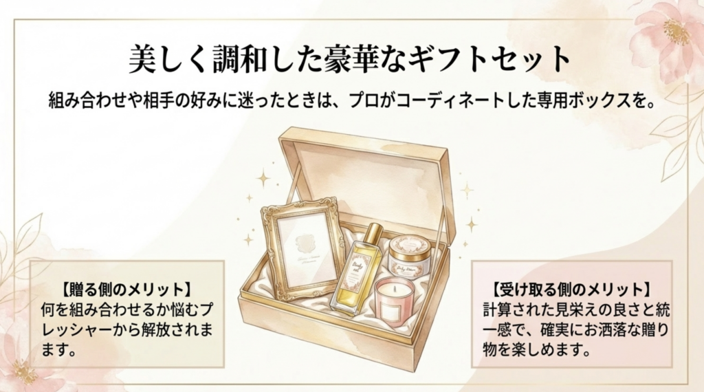フォトフレームやボディケア用品が詰まった豪華なギフトボックス