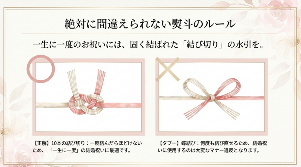 結婚祝いに適した結び切りの水引とNGな蝶結びのイラスト