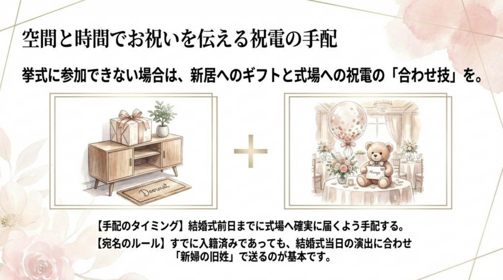 ぬいぐるみやバルーンが付いた結婚式場への祝電イメージ