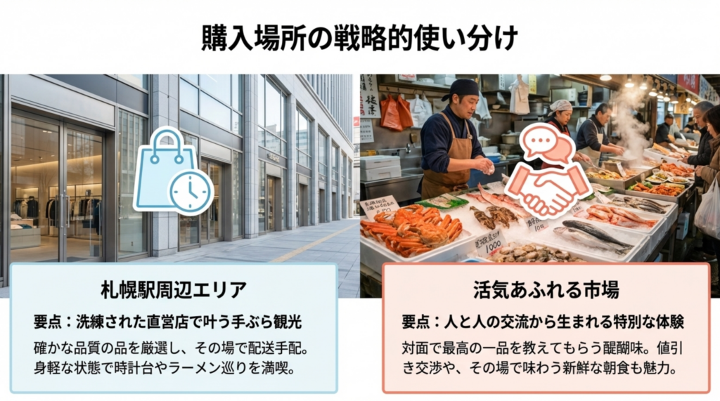 札幌駅周辺の直営店と活気ある市場での戦略的な買い物ルート