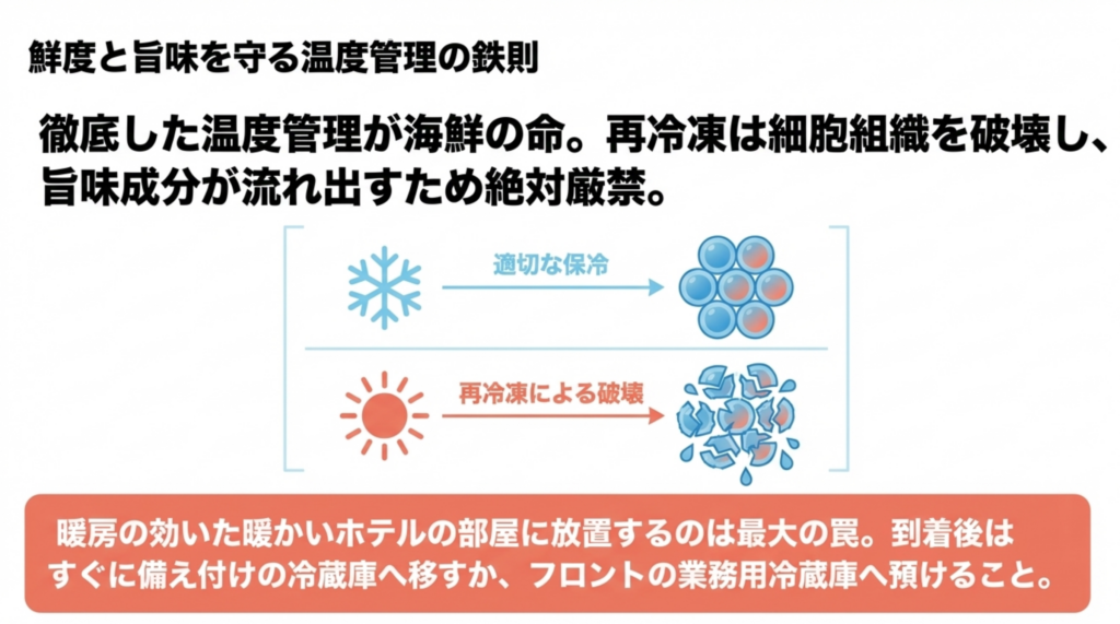 海鮮の鮮度と旨味を守る適切な保冷と再冷凍禁止のメカニズム