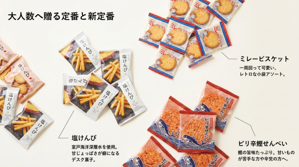 ミレービスケットや塩けんぴなど大人数に配れるばらまき用お土産