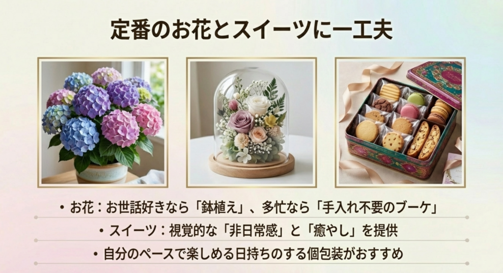 アジサイの鉢植えや個包装のスイーツなど母の日定番ギフト
