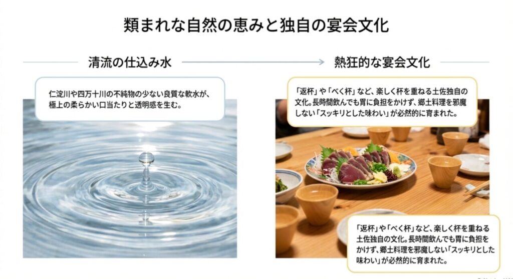 仁淀川や四万十川の良質な軟水と土佐独自の宴会文化