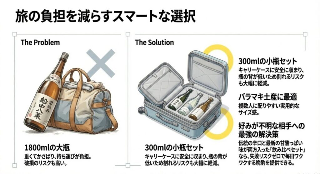 キャリーケースに収まる持ち運びに便利な300ml小瓶の飲み比べセット