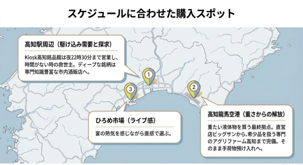 高知駅、ひろめ市場、高知龍馬空港などスケジュールに合わせた地酒の購入スポット