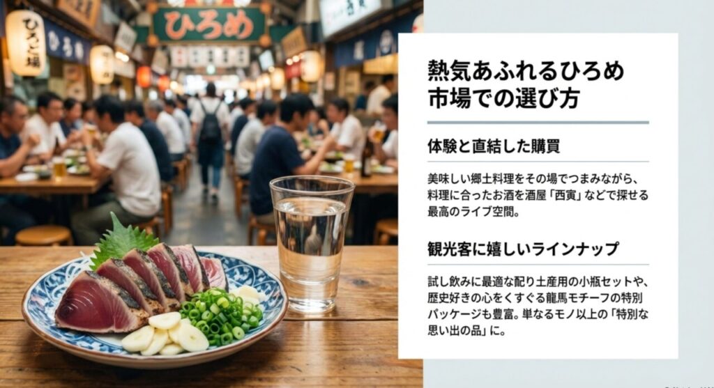 カツオのタタキなど美味しい郷土料理とともに地酒を楽しめるひろめ市場