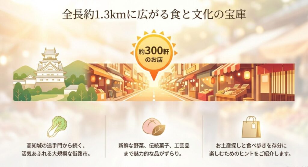 全長約1.3km、約300軒が並ぶ高知日曜市の全体イメージ