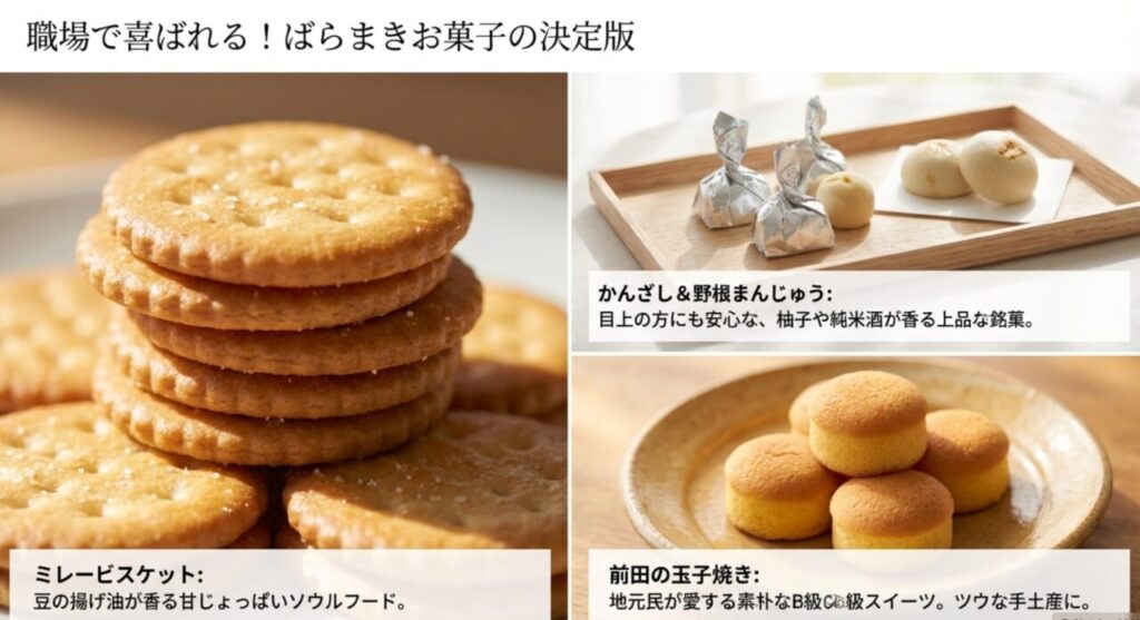 ミレービスケットやかんざしなど、ばらまきに最適なお菓子