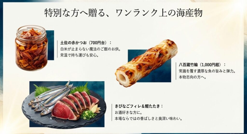 土佐の赤かつおや八百蔵竹輪など、ご褒美に最適な海産物