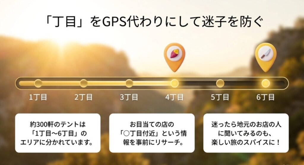 目当ての店を探すための1丁目から6丁目までのエリアマップ