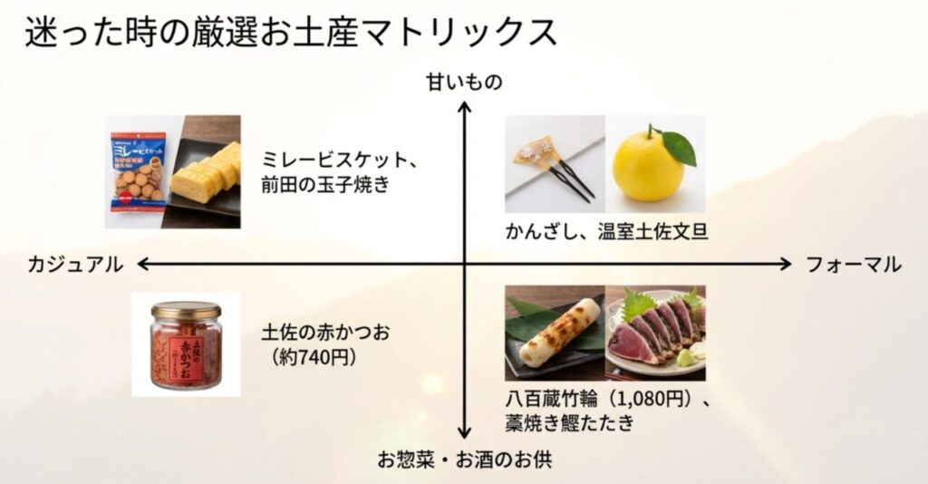 渡す相手や金額で選べる高知日曜市の厳選お土産マトリックス