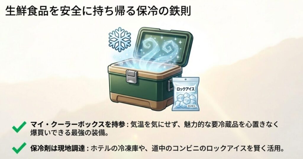 生鮮食品を安全に持ち帰るためのクーラーボックスと保冷剤