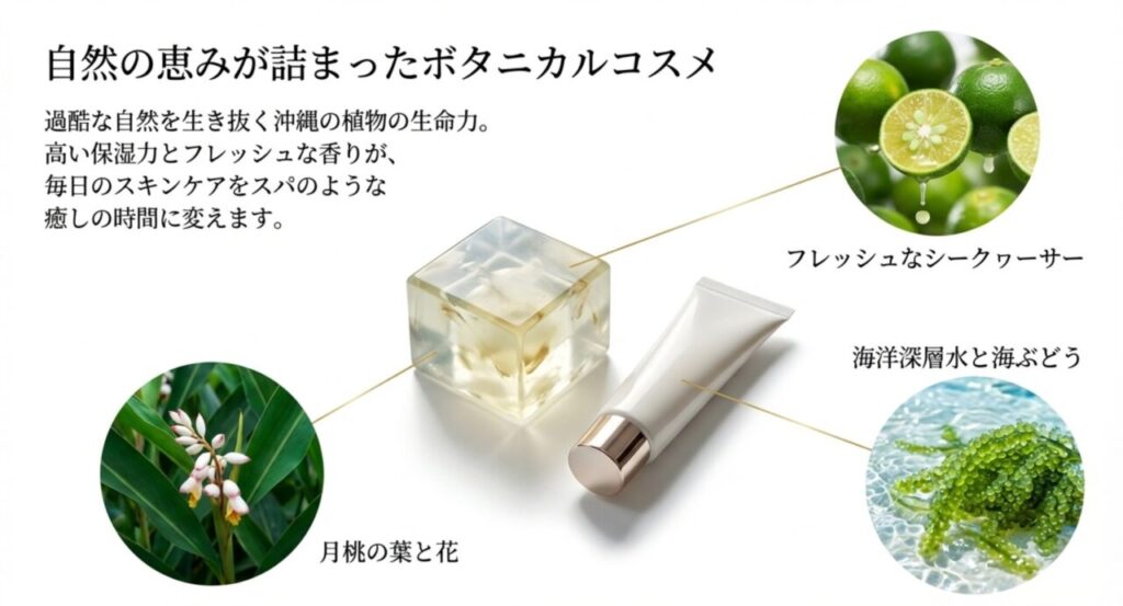 シークヮーサーや月桃など沖縄の植物の生命力が詰まったボタニカル成分