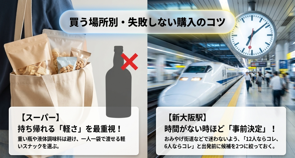 大阪土産をスーパーで買うなら軽さを重視し、新大阪駅では人数に合わせた候補を事前に決めておく
