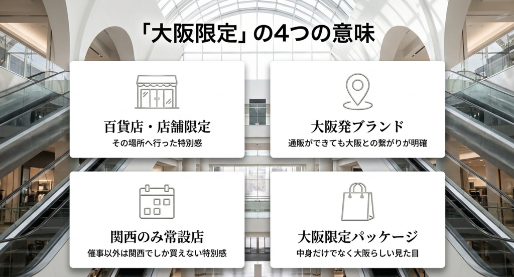 大阪限定のお土産には百貨店・店舗限定、大阪発ブランド、関西のみ常設店、大阪限定パッケージなど違いがある