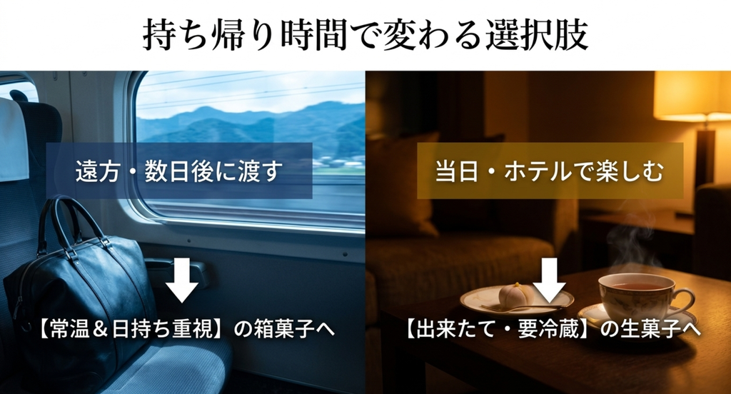 大阪デパ地下お土産は遠方や数日後に渡すなら常温で日持ちする箱菓子、当日楽しむなら出来たてや要冷蔵の生菓子を選ぶ