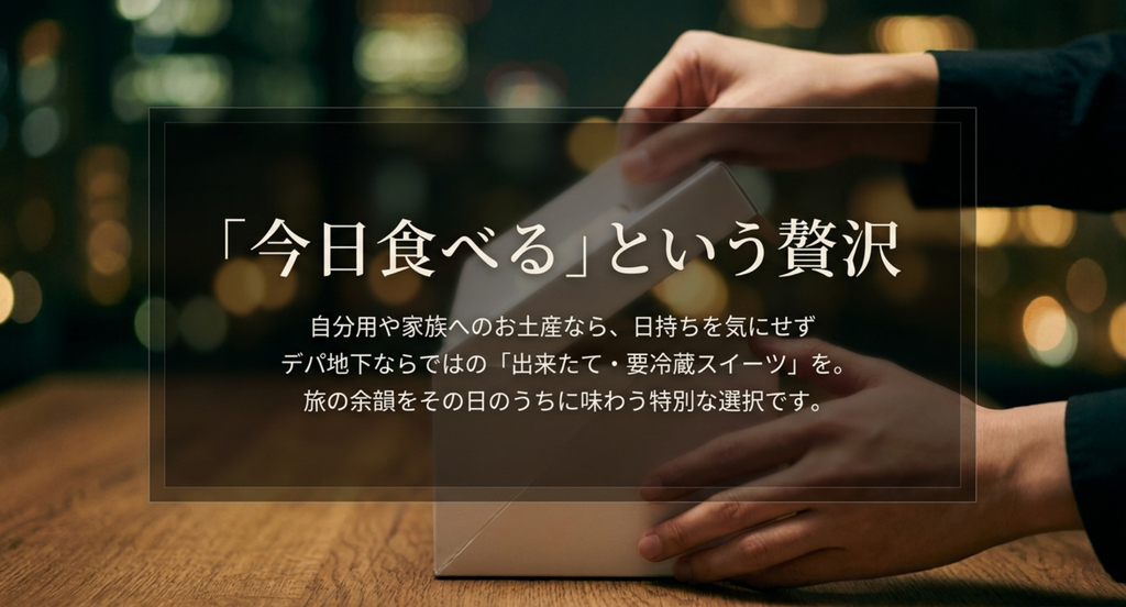 大阪デパ地下では自分用や家族用なら日持ちだけにこだわらず出来たてや要冷蔵スイーツを当日楽しむ選び方もできる
