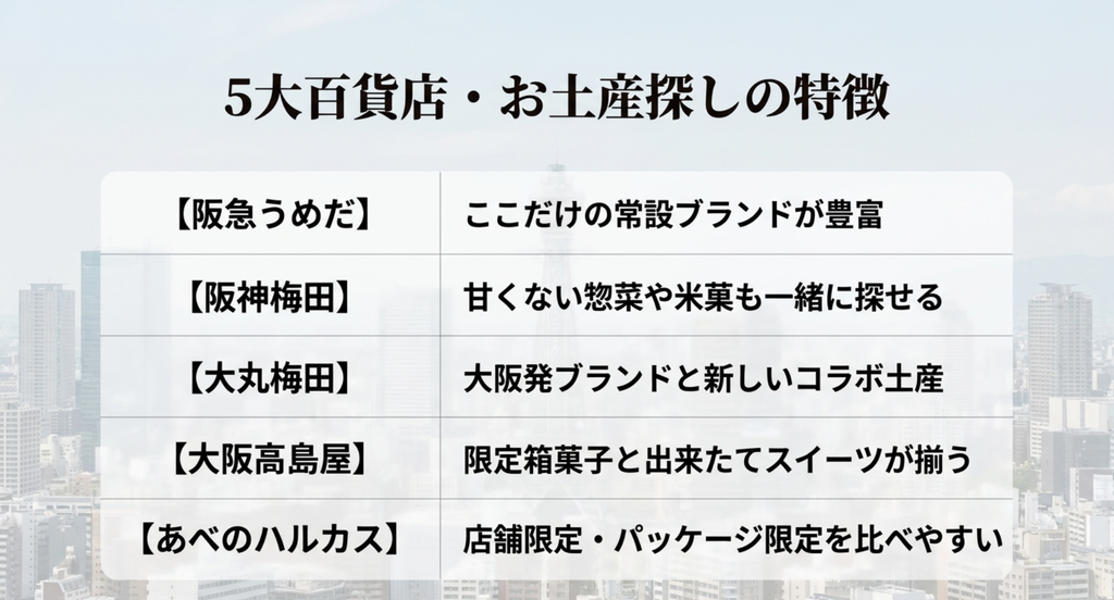 阪急うめだ・阪神梅田・大丸梅田・大阪高島屋・あべのハルカスの5大百貨店で探せる大阪土産の特徴