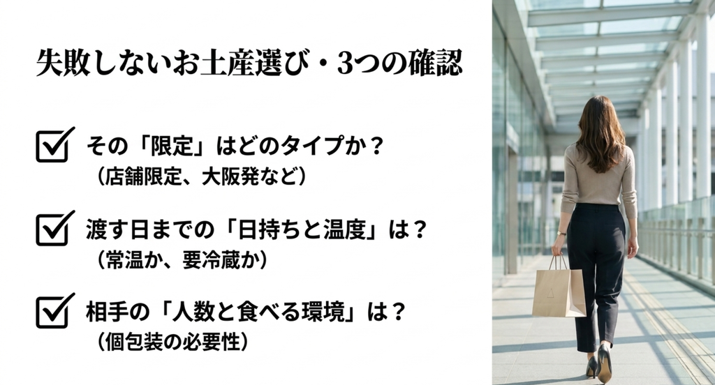 大阪デパ地下お土産は限定の種類、渡す日までの日持ちと保存温度、相手の人数と食べる環境の3点を確認して選ぶ