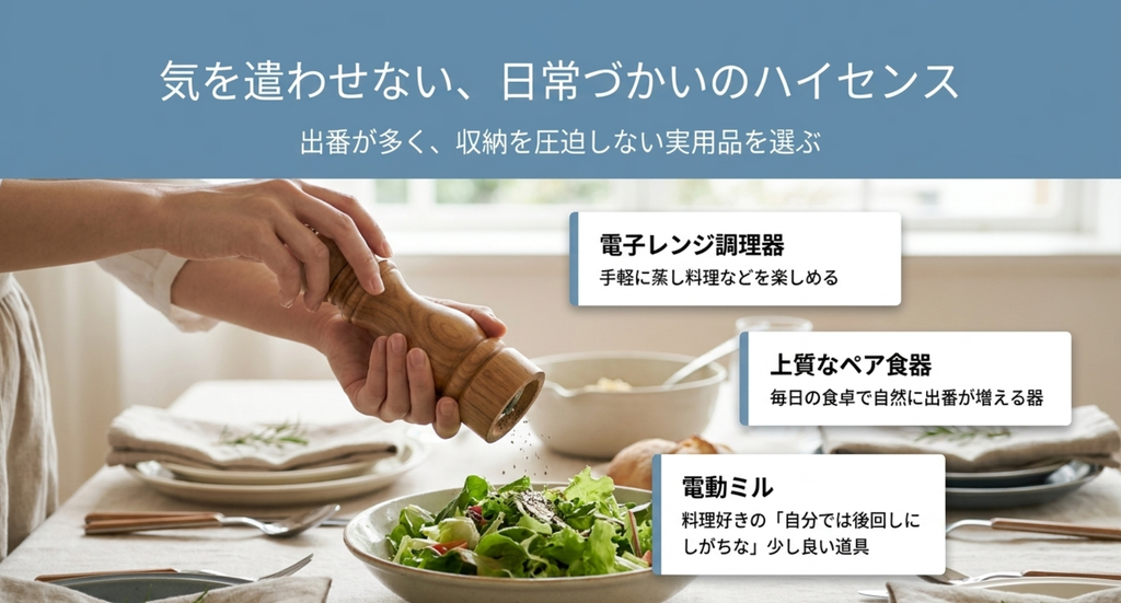 電子レンジ調理器・上質なペア食器・電動ミルなど日常使いしやすい結婚祝いのキッチン用品