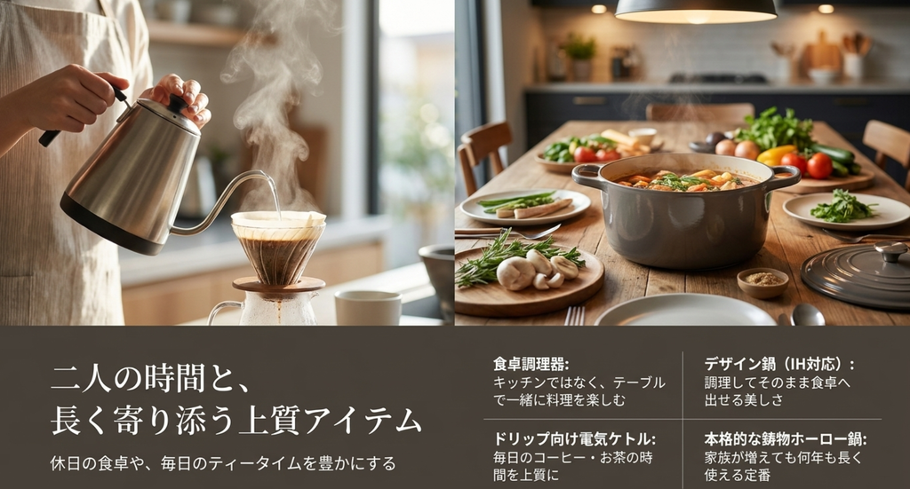食卓調理器・ドリップ向け電気ケトル・IH対応デザイン鍋・鋳物ホーロー鍋など長く使える結婚祝い