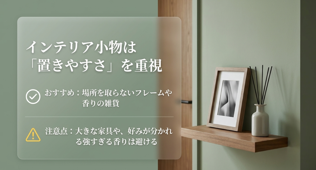 置きやすいフレームや香りの雑貨を選び大きな家具や好みが分かれる強い香りを避けるポイント