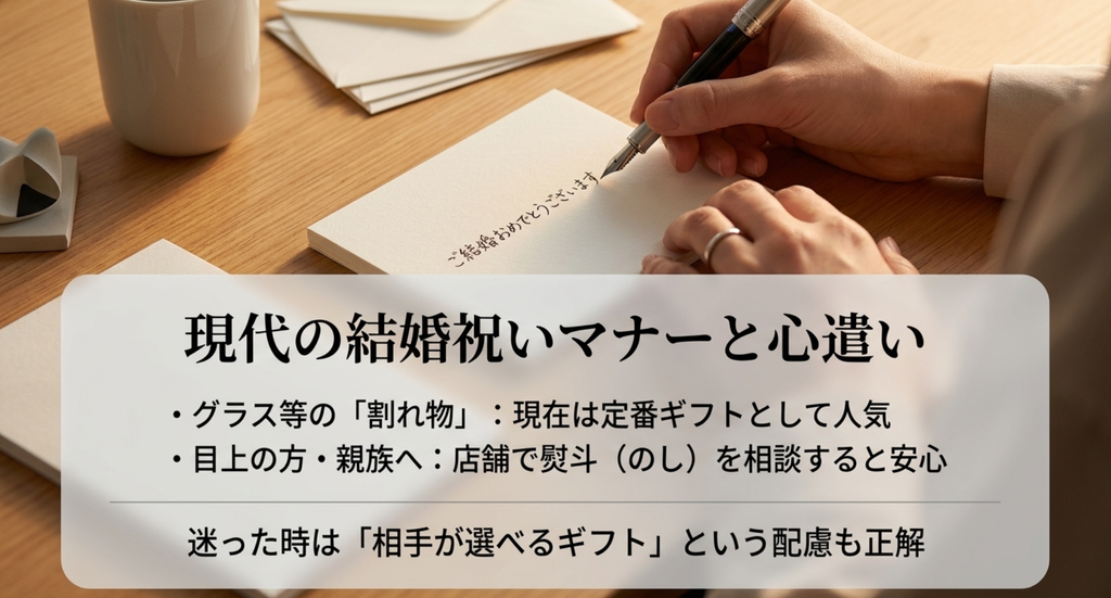グラスなどの割れ物は現在定番ギフトであり目上や親族には店舗でのしを相談する結婚祝いマナー