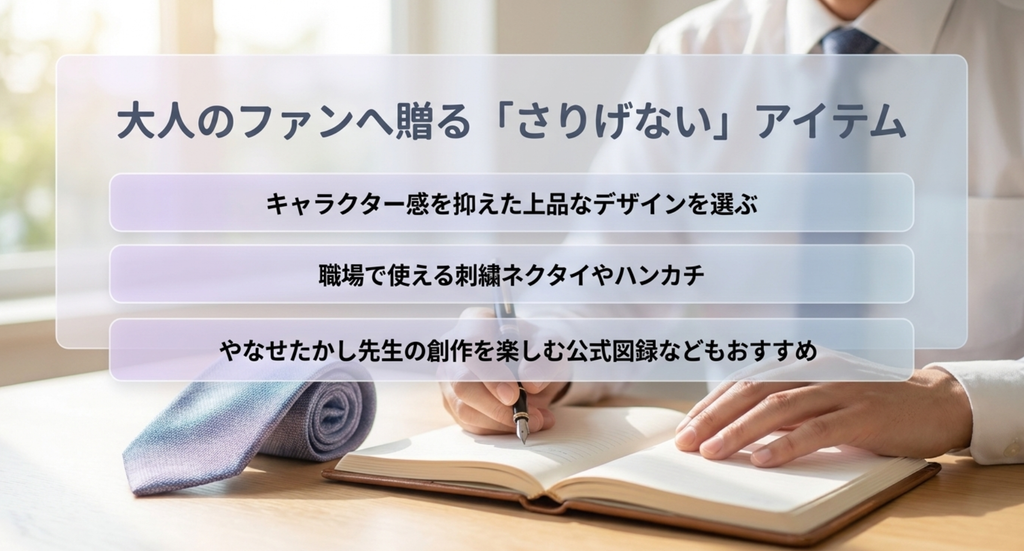 大人のアンパンマンファンにはキャラクター感を抑えた刺繍ネクタイやハンカチ、やなせたかしの公式図録などを選ぶ