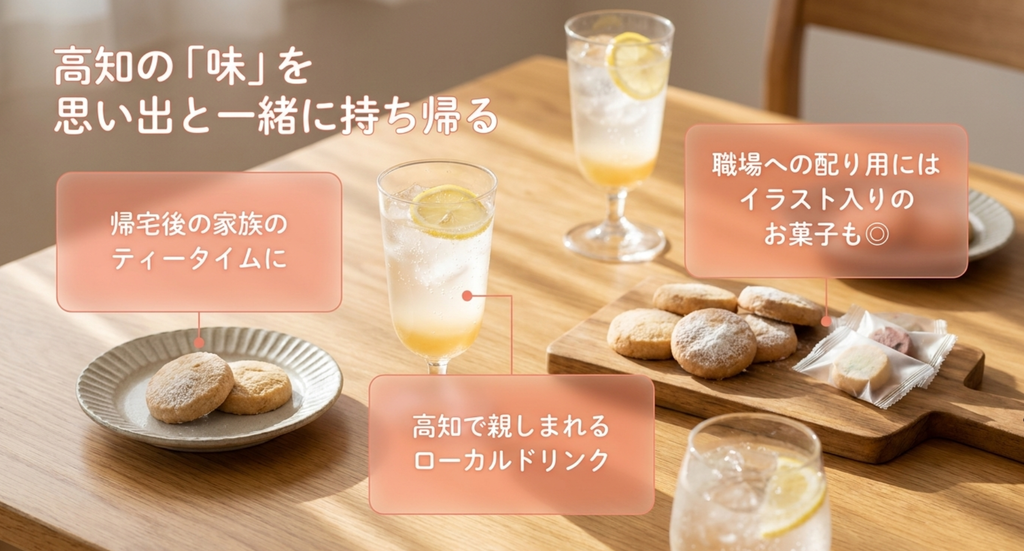 高知で親しまれるローカルドリンクややなせたかしのイラスト入り菓子など、高知の味を思い出と一緒に持ち帰るお土産の選び方