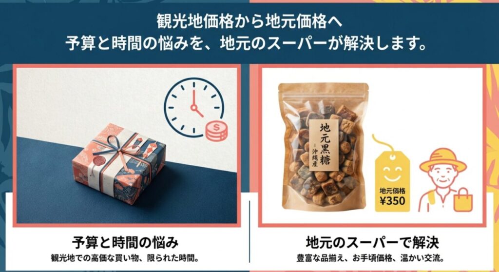 予算と時間の悩みを地元のスーパーで解決するイメージ